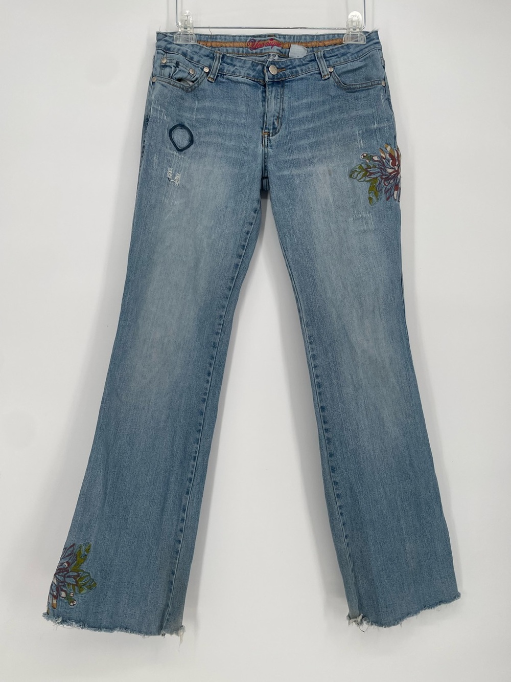 Y2K Younique Embroidered Floral Boot Cut / Flared Raw Hem Mid-Low Rise Jeans